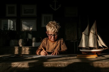 A real photograph of a cheerful blond boy wearing black-rimmed glasses and a brown striped T-shirt, sitting at a rustic wooden table, drawing with a yellow pencil on white paper. 