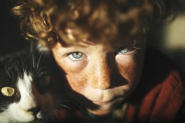 A real photograph of a young boy with curly auburn hair, intense blue eyes, and a freckled face, closely pressed cheek-to-cheek with a black and white cat. Both the boy and the cat are lit by a warm