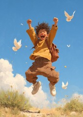 A digital oil painting-style illustration of a joyful young boy jumping into the air with arms raised in pure excitement. 