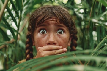 A real photograph of a young girl with long brown hair in braids and freckles on her face, hiding among dense green jungle leaves. Her eyes are wide open in surprise