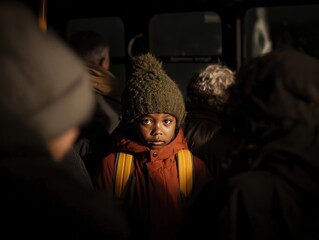 A realistic photograph taken inside a dimly lit, crowded city bus at night. In the center stands a young boy with dark skin and wide eyes, wearing a thick olive green knit hat with a pom-pom