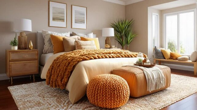 Cozy Bedroom Serenity: A beautifully appointed bedroom radiates warmth and tranquility. Soft, neutral tones and natural textures create an inviting space, perfect for relaxation.