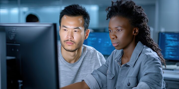 asian male engineer and a black female engineer working together on monitor analyzing code