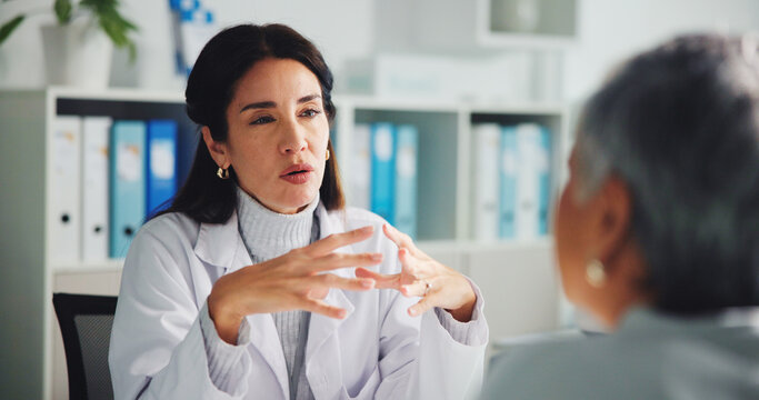 Doctor, woman and talking to patient for checkup, medical results or explain treatment. Healthcare worker, visit and speaking in hospital for consultation, help or feedback with advice for diagnosis