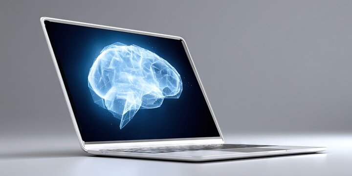 photo of a laptop with a digital brain on screen 