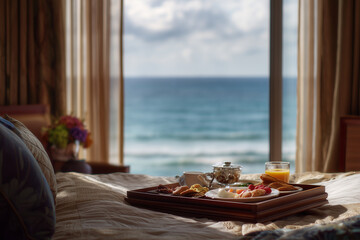 luxury hotel room with breakfast tray on bed, open curtains and ocean view, 