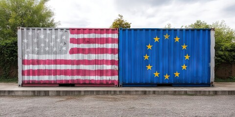 Obraz premium photo of a shipping container. Left side is painted like American flag. Right side is painted like EU flag 