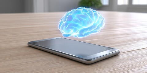 photo of a smartphone with a 3D holographic brain hovering over the screen