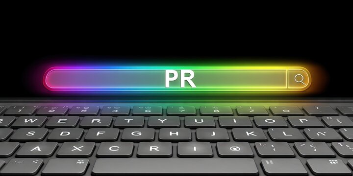  QWERTY keyboard on the bottom of the screen with rainbow LED glow with a search bar hovering over it in space. the letters "PR" in the search bar 