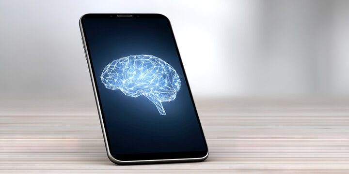photo of a smartphone with a 3D holographic brain hovering over the screen 