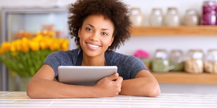 photo of african american female entrepreneur leaning on counter in store using tablet