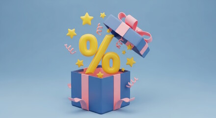 An open blue gift box with a pink ribbon, from which a yellow percentage symbol and stars are flying out.