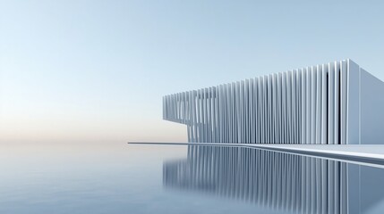 Obraz premium A Building Made of White Vertical Slats Shines Beneath a Clear Sky and Water Surface, Perfectly Blending Minimalist Design and Parametric Architecture to Inspire Your Imagination of Future Constructi