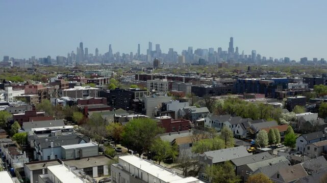 city of chicago skyline view from logan square drone footage