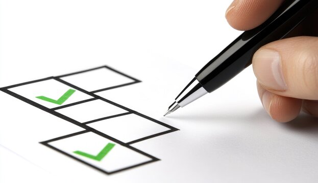 Hand holding pen over a crossword or check-box puzzle with marks