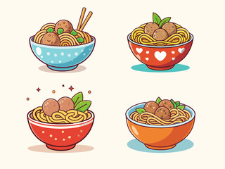 Cute Cartoon Noodle Soup with Meatballs Vector Illustration