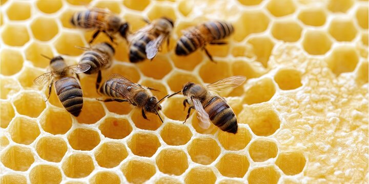 photo of apiculture with honeybees and beeswax honeycomb in beehive