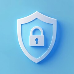 3D rendering of a white shield graphic with a superimposed white padlock, on a light-blue background.  It's a simple, modern graphic depicting security