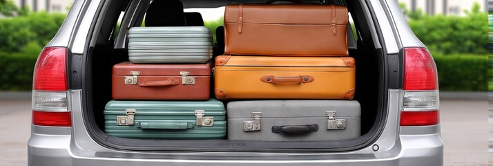 back of car with trunk open. it is filled with luggage and suitcases 