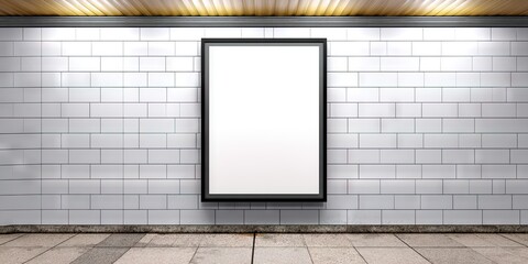  blank white poster in black frame hanging on wall of subway station