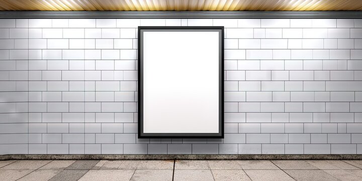 blank white poster in black frame hanging on wall of subway station