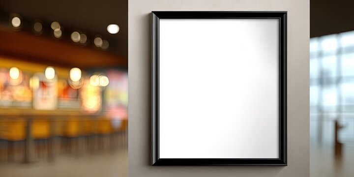 blank white poster in black frame hanging on wall of movie theater