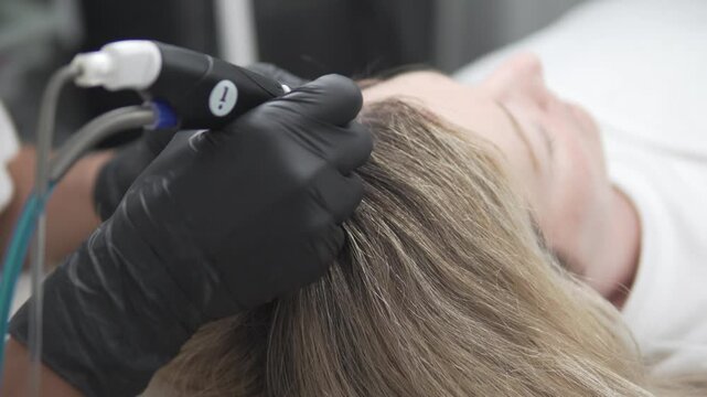 Close-up of HydraFacial Keravive scalp treatment on a woman with thick blonde hair. The aesthetician uses the original HydraFacial handpiece in a modern clinic. Horizontal video.