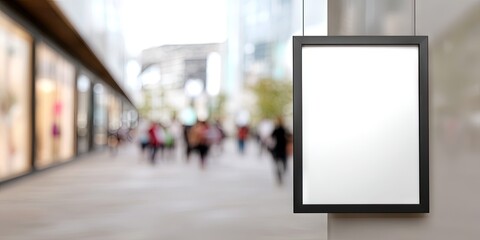  blank white poster in black frame hanging on wall in shopping mall