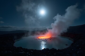Lava pool reflecting moonlight and steam in high contrast.
