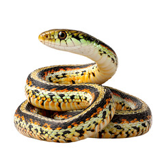 Fototapeta premium Colorful Eastern Garter Snake coiled on black background