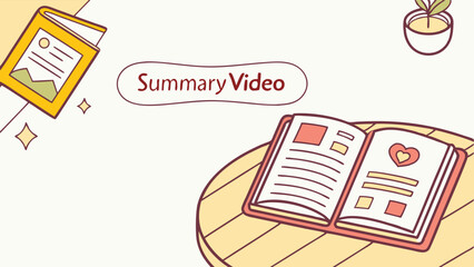 Illustration of open books, one with a heart, a potted plant, and a summary video text bubble design element