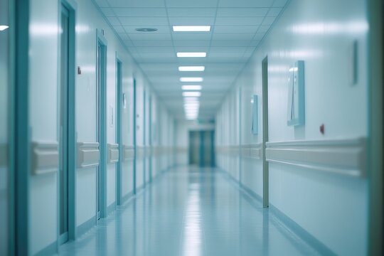 Empty hospital corridor, light blue tones