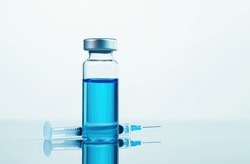 Vaccine vial and syringe on a reflective surface