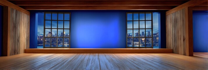 empty evening show set with natural wood, royal blue, and open windows with a view of city downtown in the morning
