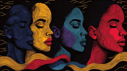 Four women's faces, abstract design, dark background, flowing lines