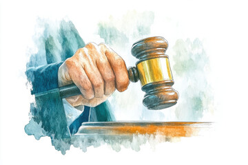 close up photo of a judge's hand striking a gavel, realistic courtroom. Watercolor clipart, with copy space for text.