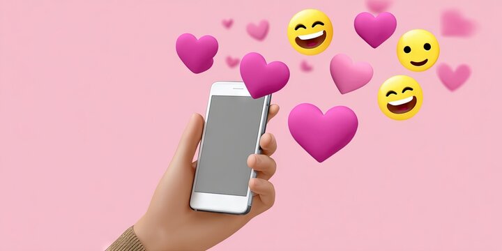 photo of hand holding smartphone on solid background. hearts, laughing emojies, and thumbs up floating in air 