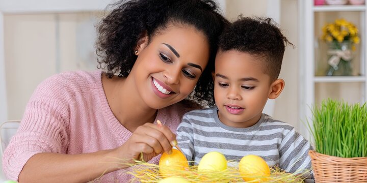 happy african american mom showing friendly kid how to dye easter egg -