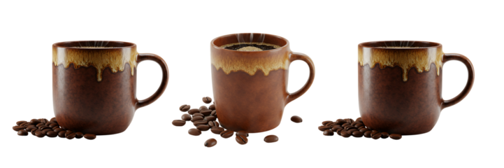 Coffee Mugs with Roasted Beans On Isolated Transparent Background

