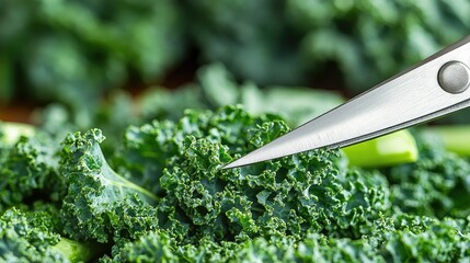 Fresh kale leaves being cut with kitchen shears
