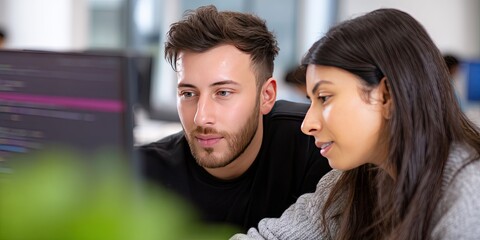 Naklejka premium photo of latino male engineer and a white female engineer working together on monitor analyzing code