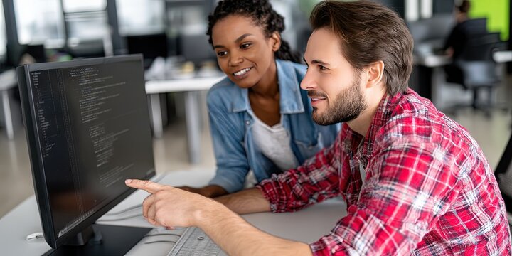 photo of latino male engineer and a female engineer working together on monitor analyzing code 