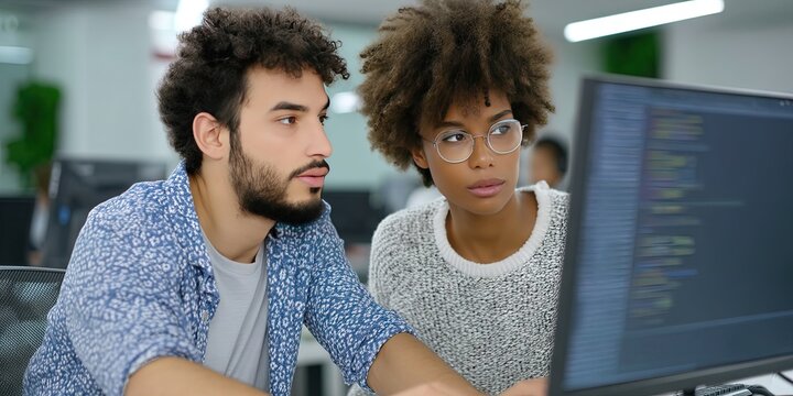 photo of latino male engineer and a female engineer working together on monitor analyzing code 