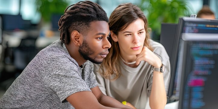 photo of latino male engineer and a white female engineer working together on monitor analyzing code