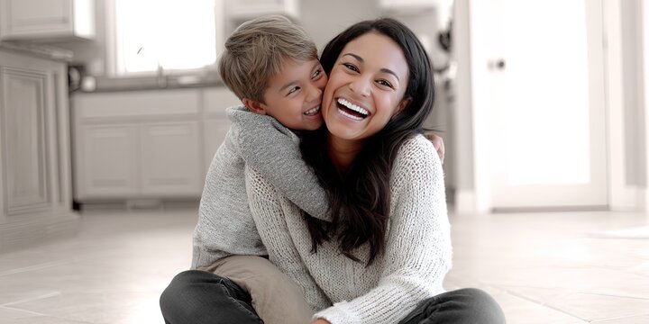 photo of laughing mom sitting on floor with her son hugging her from behind