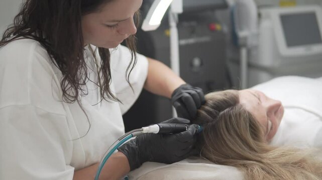 Female cosmetologist carefully performs HydraFacial Keravive scalp treatment on a blonde client in a professional aesthetic clinic. The procedure targets hair restoration and scalp health. Horizontal
