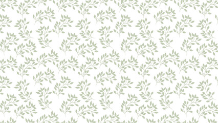 Repeating pattern of small leafy branches with a muted green color on a white background surface texture