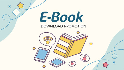 Illustration of ebook download promotion with book, devices, and decorative elements on a light background