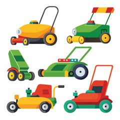 Six lawn mower set isolated on white background