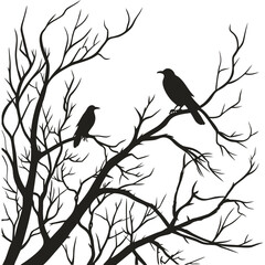 Tree branches with bird silhouette line art illustration
